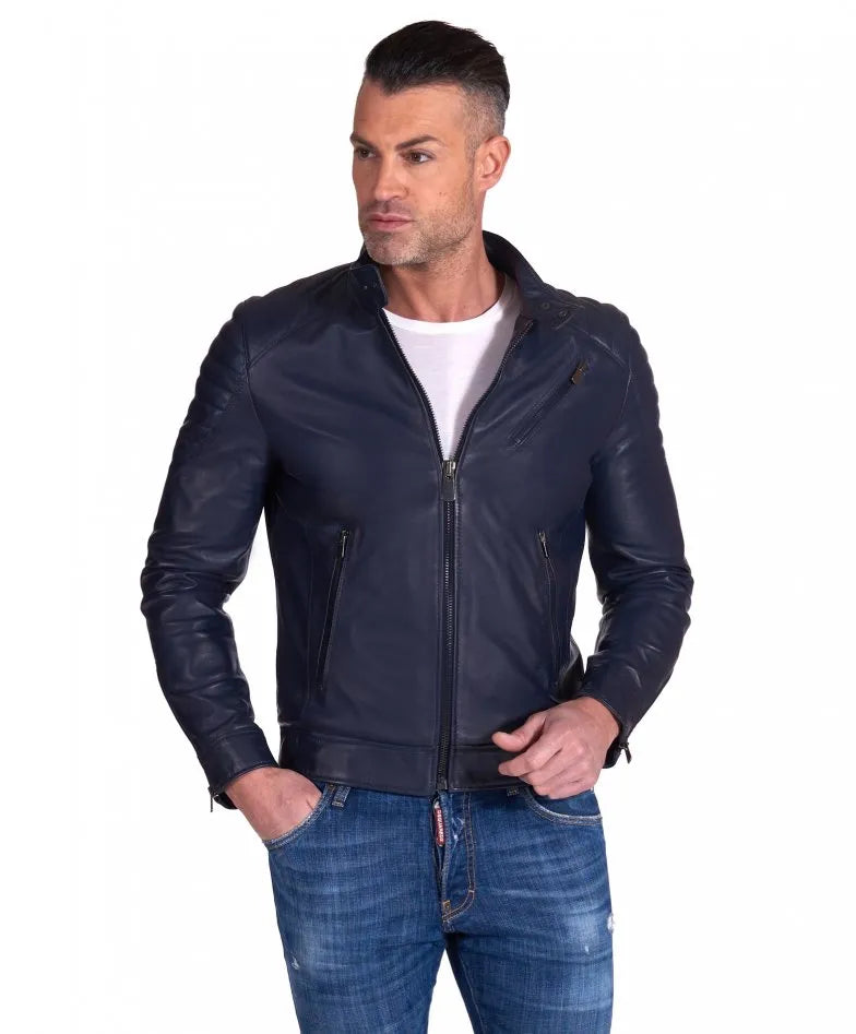 Quilted Blue Motorcycle Leather Jacket