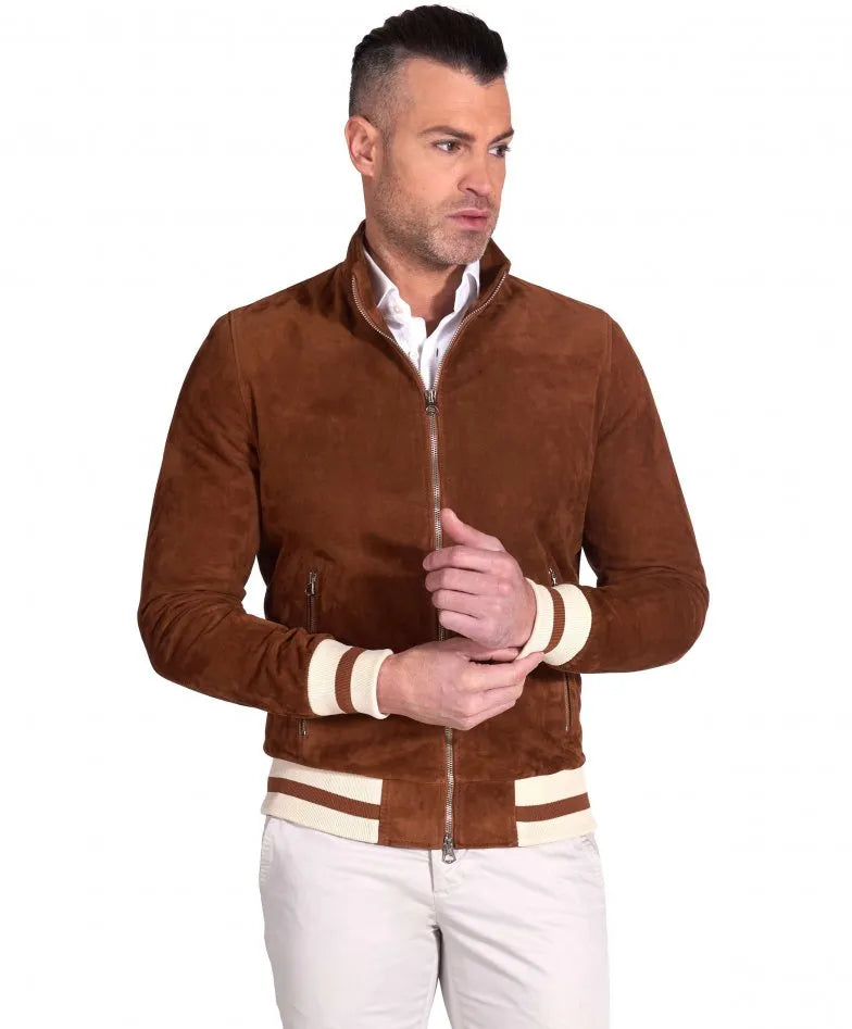 Brown Suede Leather Bomber Jacket for Men