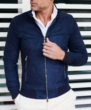 Load image into Gallery viewer, Blue Suede Leather Bomber Jacket for Men

