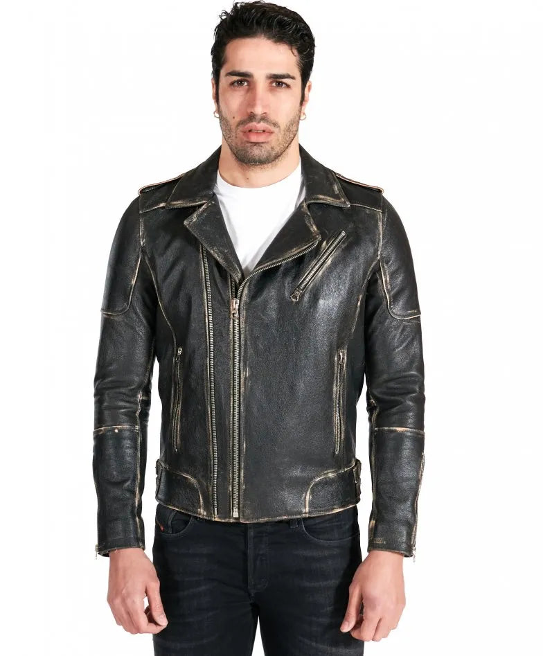 Black Leather Jacket with Functional Zipper - Boneshia
