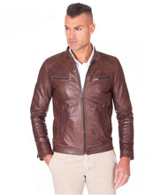 Load image into Gallery viewer, Men&#39;s Casual Style Brown Biker Leather Jacket
