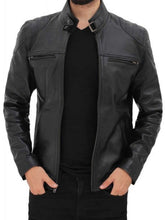 Load image into Gallery viewer, Black Mens Leather Cafe Racer Jacket with Snap Button Collar
