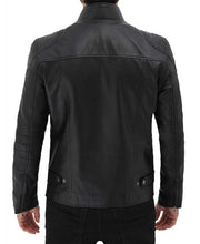 Load image into Gallery viewer, Black Mens Leather Cafe Racer Jacket with Snap Button Collar
