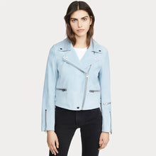 Load image into Gallery viewer, Womens Pale Blue Suede Biker Leather Jacket
