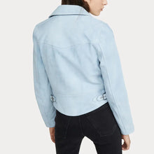 Load image into Gallery viewer, Womens Pale Blue Suede Biker Leather Jacket
