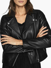 Load image into Gallery viewer, Womens Black Asymmetric Lined Leather Jacket – Boneshia
