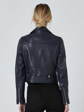 Load image into Gallery viewer, women navy blue leather bike racer jacket
