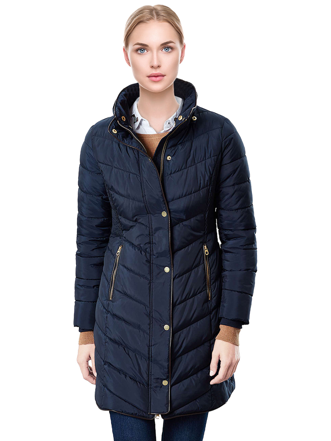 Women's Navy Quilted Faux Blue Detail Coat