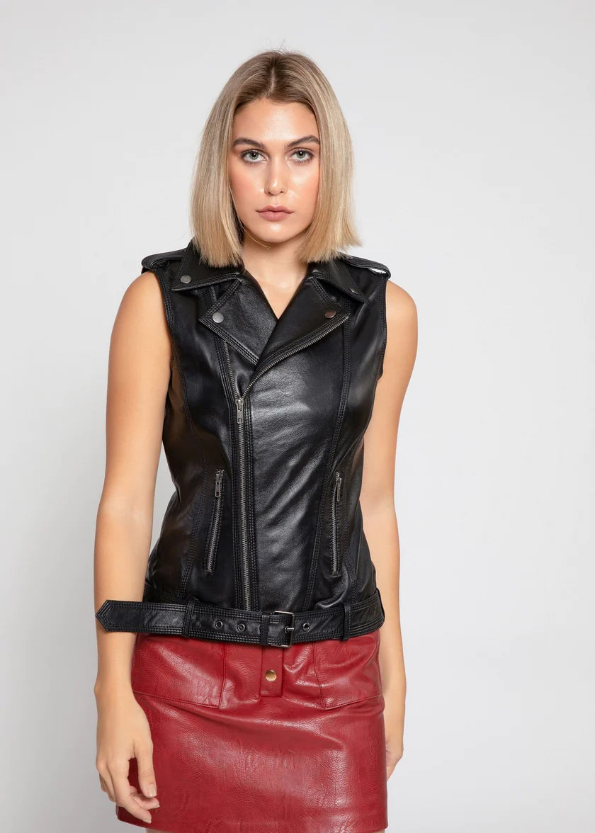 Women's Shiny Black Biker Leather Vest