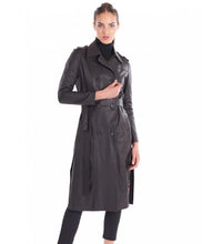 Load image into Gallery viewer, Women&#39;s Midnight Black Long Leather Coat
