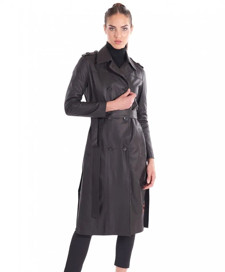 Women's Midnight Black Long Leather Coat