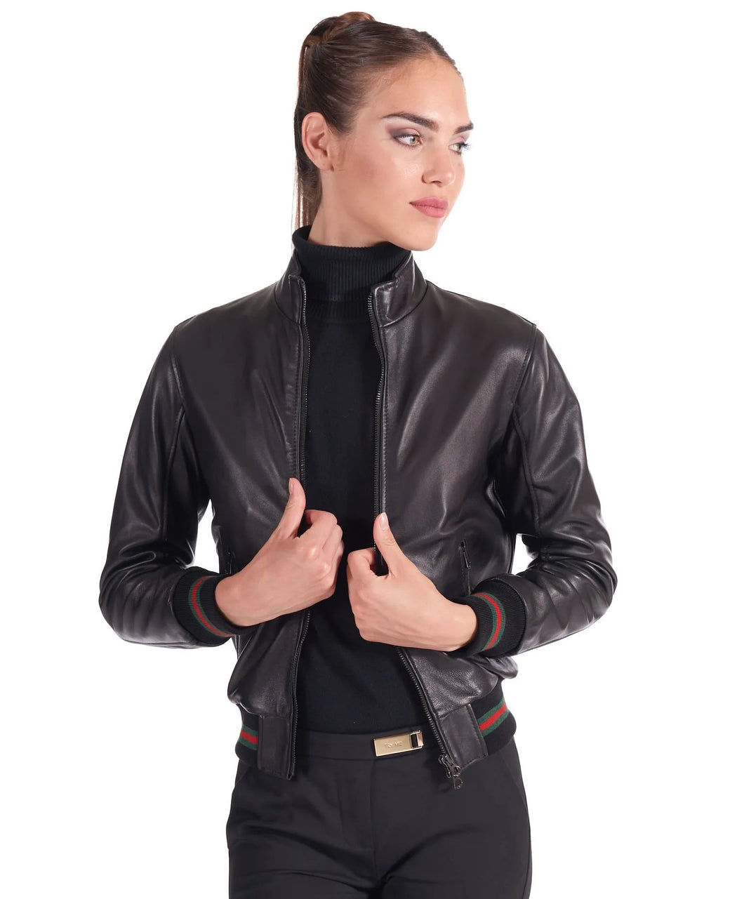 Womens Smooth Black Bomber Leather Jacket