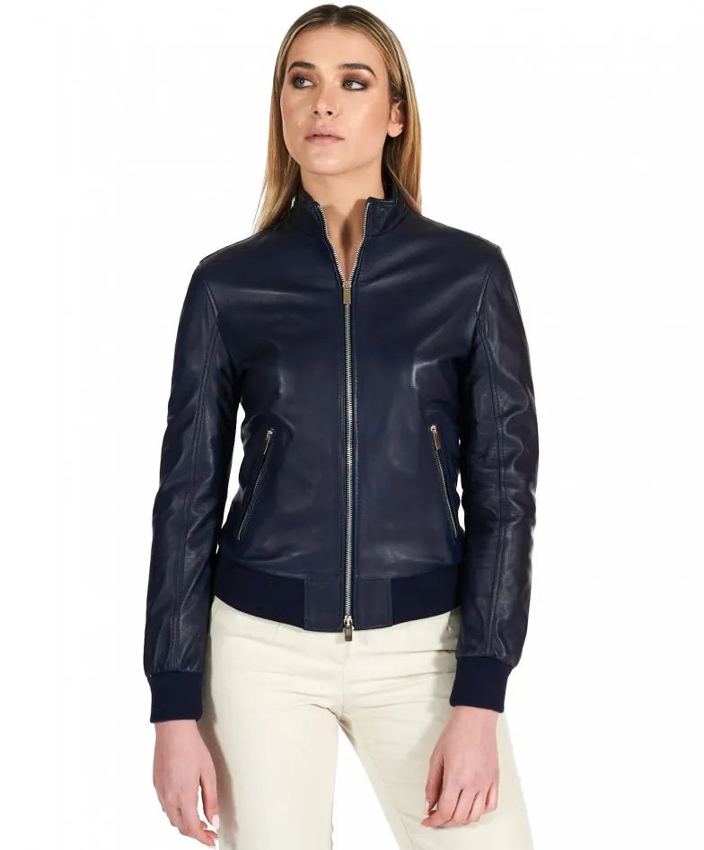 Womens Navy Blue Bomber Leather Jacket