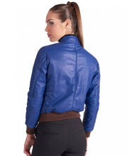 Load image into Gallery viewer, Womens Classic Blue Leather Bomber Jacket
