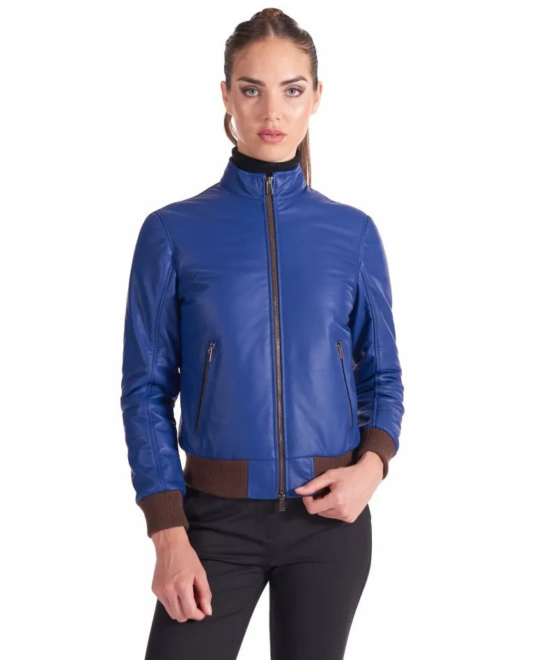 Womens Classic Blue Leather Bomber Jacket