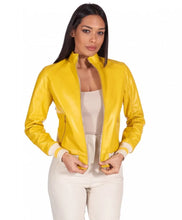 Load image into Gallery viewer, Women Bright Yellow Bomber Leather Jacket

