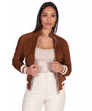 Load image into Gallery viewer, Womens Brown Bomber Suede Leather Jacket
