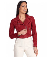 Load image into Gallery viewer, Womens Red Short Length Suede Biker Leather Jacket
