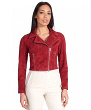 Load image into Gallery viewer, Womens Red Short Length Suede Biker Leather Jacket

