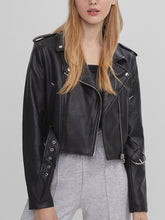 Load image into Gallery viewer, Womens Belted Biker Leather Jacket
