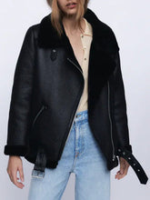 Load image into Gallery viewer, Womens Double-Faced Shearling Black Belted Jacket
