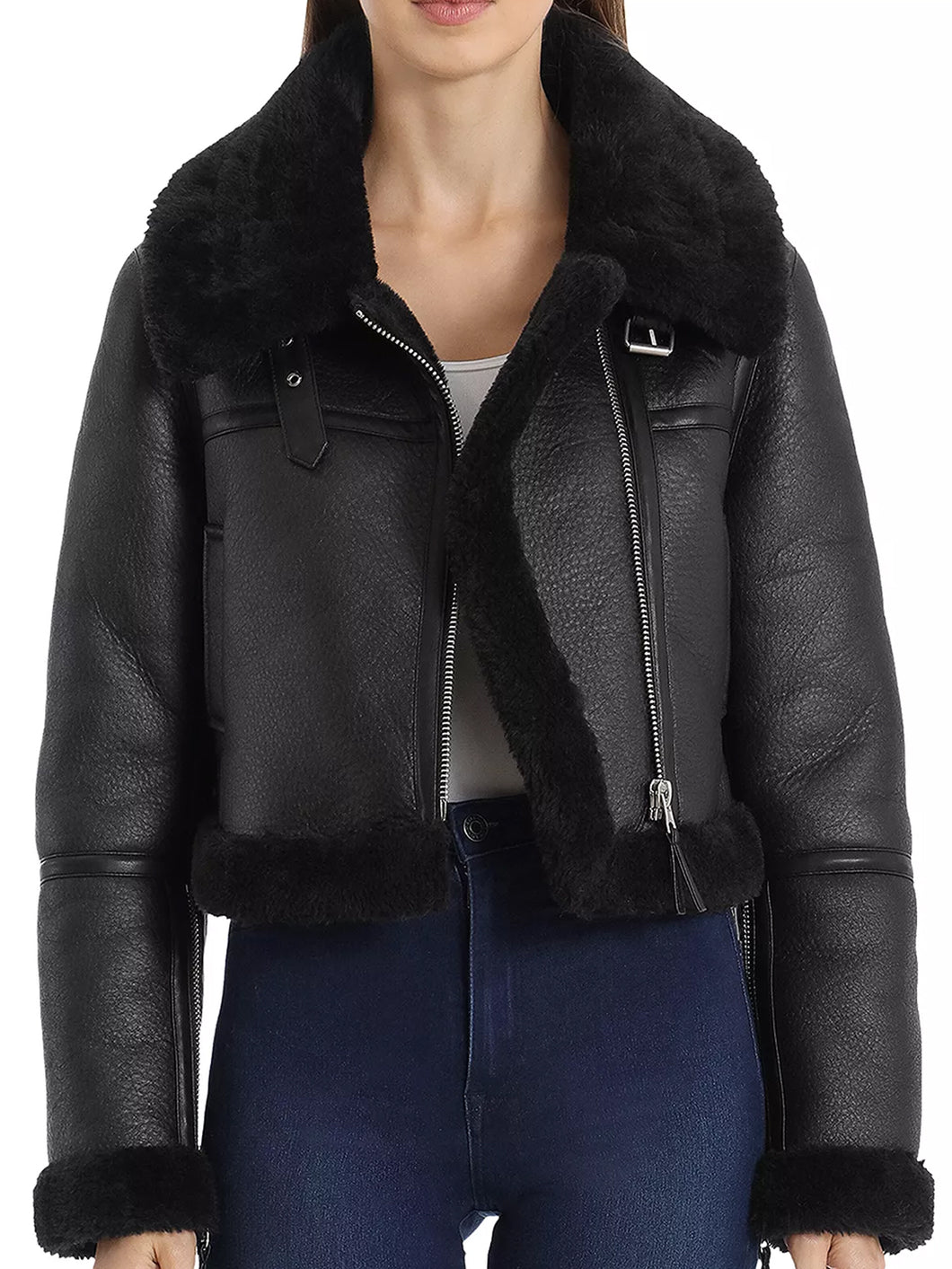 womens Fur Colar Black Shearling Jacket