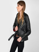 Load image into Gallery viewer, Womens Jet Black Biker Hem Collar Leather Jacket
