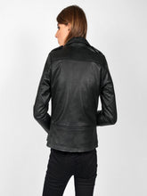 Load image into Gallery viewer, Womens Jet Black Biker Hem Collar Leather Jacket
