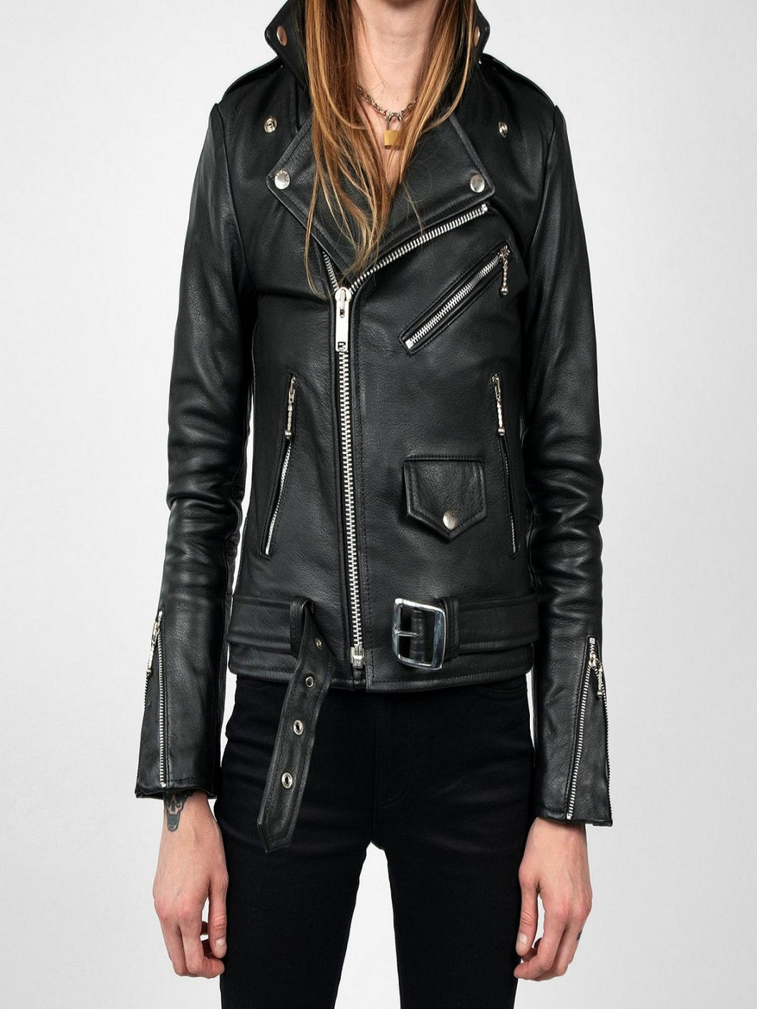 Womens Jet Black Biker Hem Collar Leather Jacket