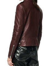 Load image into Gallery viewer, Maroon Snap Collar Leather Jacket For Women
