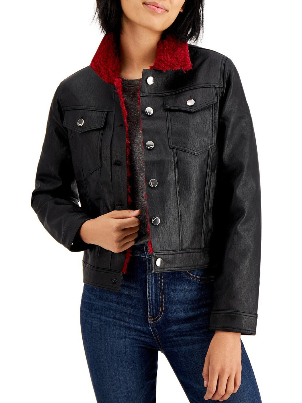 Womens Zipper Red Fur Collar Trucker Jacket